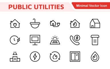  Public utilities linear signed icon collection. Signed thin line icons collection. Set of public utilities simple outline icons.