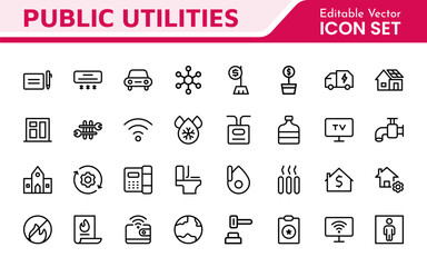  Public utilities linear signed icon collection. Signed thin line icons collection. Set of public utilities simple outline icons.