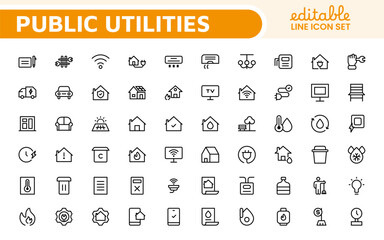  Public utilities linear signed icon collection. Signed thin line icons collection. Set of public utilities simple outline icons.