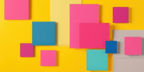 A vibrant composition featuring geometric shapes in shades of pink, blue, and yellow, showcasing a playful and abstract design aesthetic.