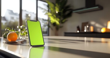 Smartphone with green screen on kitchen counter.