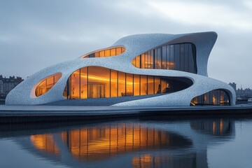 Unique modern architecture reflects on tranquil water at dawn in an urban setting