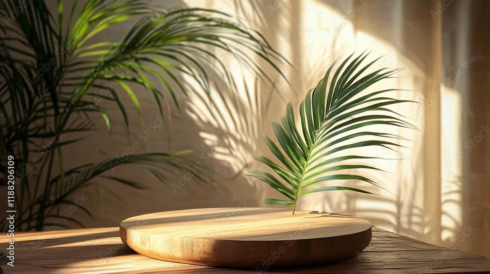 Poster wooden round display stand with palm leaf and sunlight.