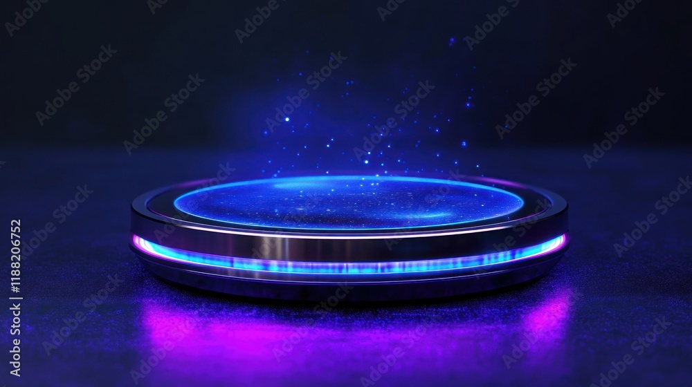 Poster illuminated circular platform with ethereal blue glow