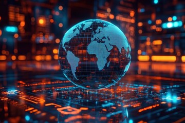 Fototapeta premium Digital globe displayed on a futuristic data grid with glowing elements and visual effects highlighting connectivity and technology