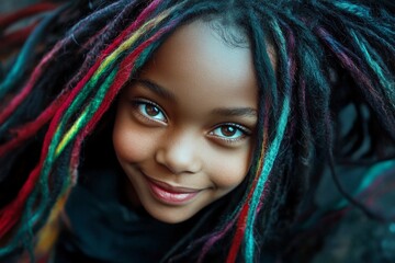 Commercial ad visual idea art. Stunning smiling black girl - for ads, flyer and social platforms use. Long haircut - multicolored hair. Elegant african advertising portraits. Model concept.