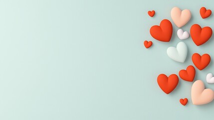 A trendy Valentine’s Day background featuring red, pink, white, and mint green hearts scattered on a soft green surface.