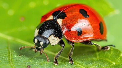 A close-up of a red ladybug with black spots on a green leaf.