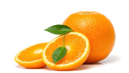 Ripe Oranges with Leaves Slices and Whole Fruit