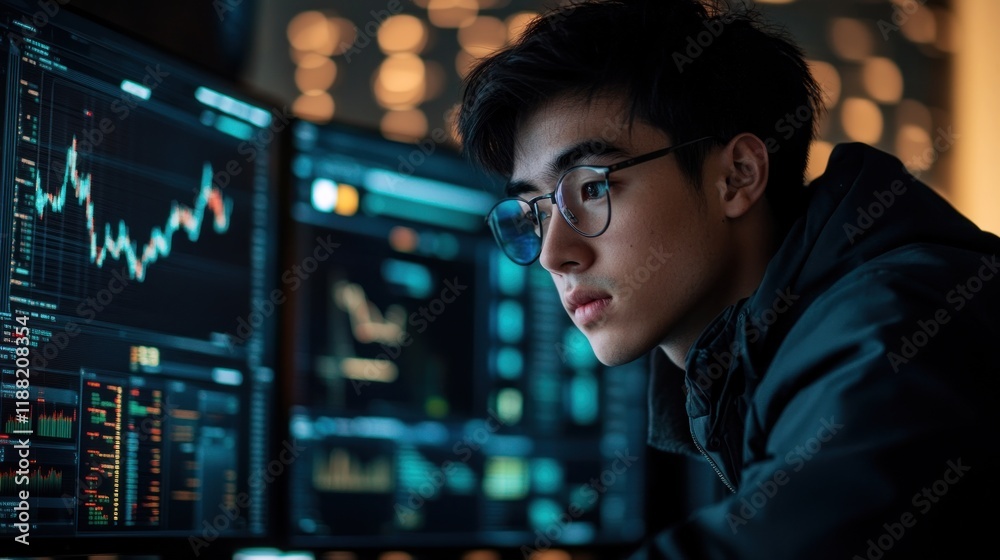 Poster young man studying stock market data on computer screens