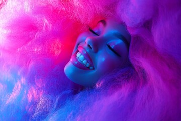Fototapeta premium Commercial ad image. Pretty smiling mixed-race girl - for ads, media and online banner use. Long hairdo - afro hair. Long colored hair models. Long hair fashion inspiration. Black girl beauty.