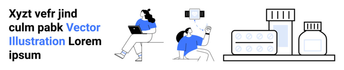 Two women using a laptop and smartphone, medical supplies including pills and bottles. Ideal for healthcare, digital health, medical technology, online consultations, telehealth, telemedicine