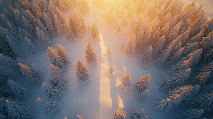 Fototapeta premium Snowy Pine Forest at Sunset: Winter Landscape Wallpaper with Scenic Sky and Fir Trees, Perfect for Christmas and New Year Greetings.