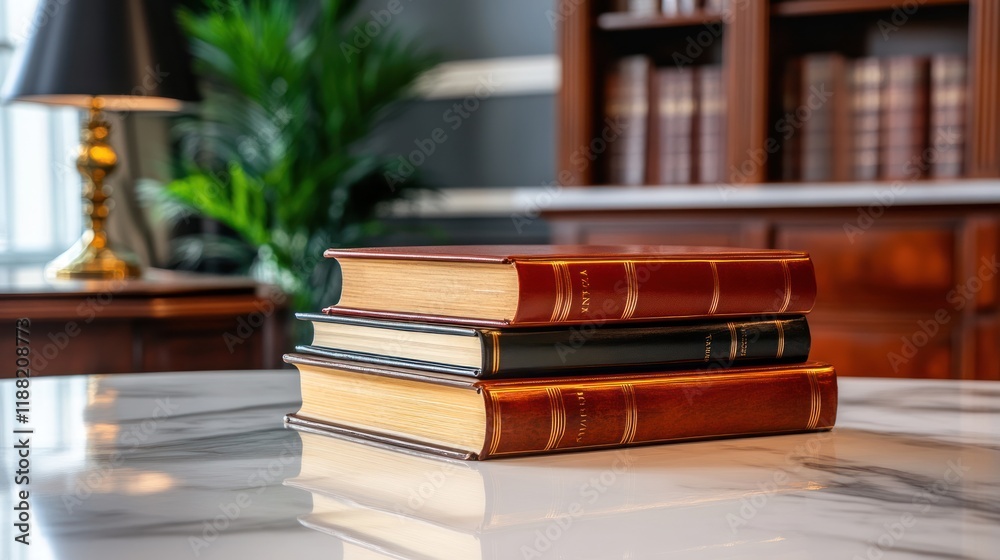 Poster Three leather bound books stacked on a table