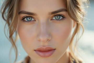 Fototapeta premium a close-up of a woman's face with light-colored hair, wearing makeup including mascara and blush.