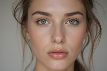 Naklejka premium a close-up of a woman's face with light-colored hair, wearing makeup including mascara and blush