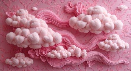 Obraz premium Soft whimsical pink clouds in a flowing dreamlike arrangement on a pink pattern background