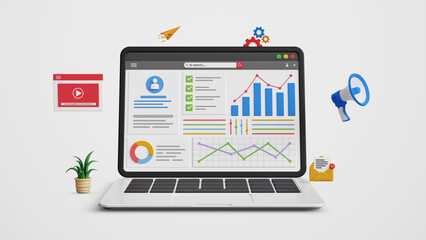 KPI dashboard, CRM, business data charts analysis and report concept. Financial data and statistics, KPI system, sales data. 3D laptop screen with customer relationship management system dashboard