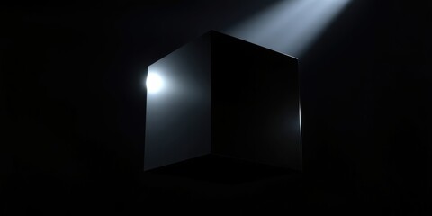 A single black cube illuminated by a bright spotlight in the darkness, creating a dramatic contrast and highlighting its sharp edges and smooth surface.