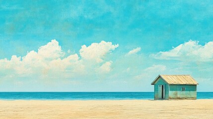 A weathered beach house sits on a sandy shore under a summer sky