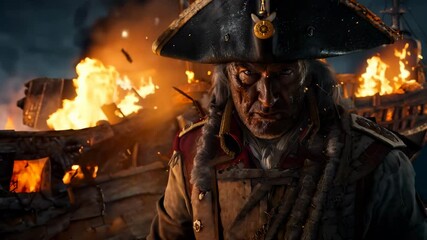 Pirate adventure at sea: a lone pirate stands on the deck of old ship, dressed in traditional 17th-century garb, ready for a thrilling journey under a bright sunset, surrounded by wind and saltwater.