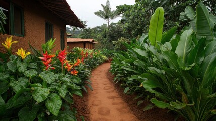 Fototapeta premium Lush Tropical Pathway Surrounded by Vibrant Greenery and Flowers