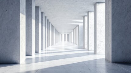 Fototapeta premium Sunlit modern minimalist hallway with columns.
