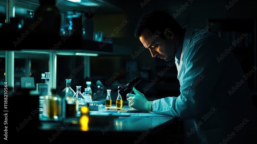 Poster scientist examining samples in a dark laboratory
