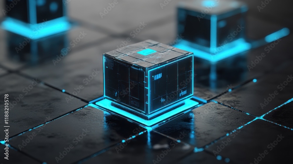 Poster Futuristic glowing cube data block on dark surface