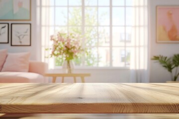 Fototapeta premium Sunlit living room with wooden table and soft sofa in modern apartment