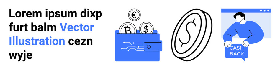 Featuring digital wallet with cryptocurrencies, currency symbols, and cashback icon. Ideal for fintech, online banking, mobile payments, e-commerce, financial apps, digital currency, and rewards