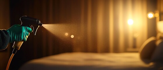 Person spraying disinfectant in a hotel room, focus on cleanliness and hygiene, warm lighting, modern interior.