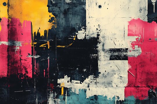 Fototapeta A grunge-inspired poster with abstract shapes, bold typography, and distressed textures on a vibrant background
