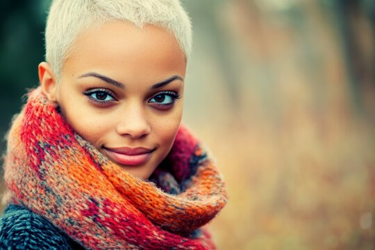 Commercial digital ads concept design idea. Short hairdo - blond hair. Attractive happy mixed-race girl - for ads, flyer and web use. Trendy hair campaigns. Bold style campaigns. Glam look.