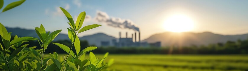 Obraz premium Lush green leaves in the foreground with a factory emitting smoke under a sunrise, emphasizing the contrast between nature and industry.