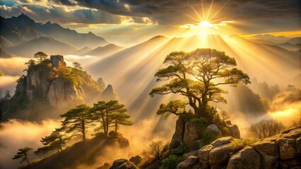 Golden light rays piercing through misty mountains, illuminating ancient trees and rocks , natural illumination, mountain landscape