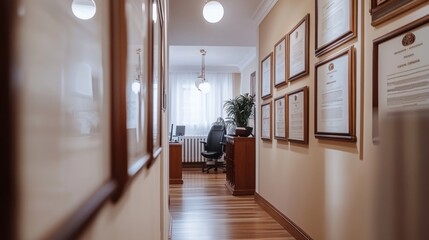 Hallway Decorated With Framed Certificates And Office Furnishings
