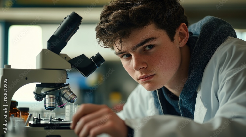 Poster Young Scientist Uses A Microscope In A Laboratory Setting