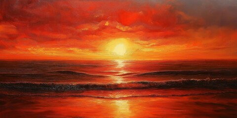 Obraz premium Peace in a Red Sky: Sunset Over the Tranquil Sea