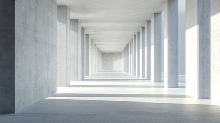 Obraz premium Sunlit minimalist concrete corridor with pillars. (1)