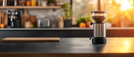 Sleek coffee grinder on a modern kitchen counter, illuminated by warm sunlight, ideal for coffee enthusiasts.