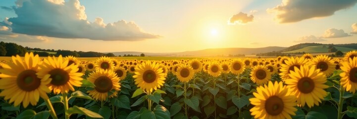 Obraz premium golden hour over a vast sea of tall yellow sunflowers and a clear blue sky, rural landscape, yellow flowers