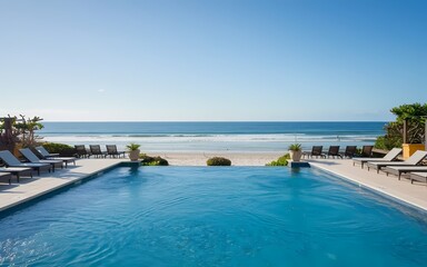 A photo of a beautiful luxury swimming pool near the beach front with an amazing ocean view.