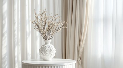 White vase with dried flowers sits on a white table near curtains