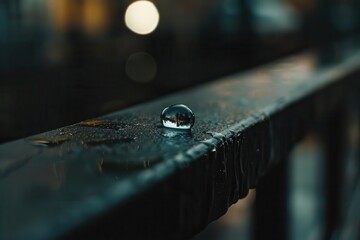 A close-up of a water droplet resting on a wet surface, capturing reflections and textures.