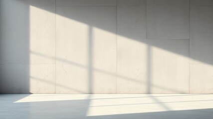 Light streams through a window, casting long shadows across a concrete wall and floor, creating an empty space for imagination.