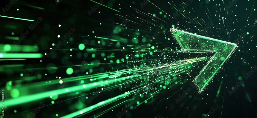 Poster dynamic green arrow with light trails and particles representing speed and direction in digital spac