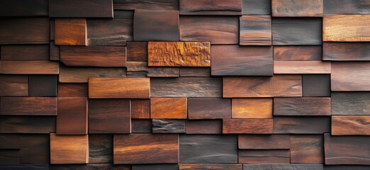 Fototapeta premium Wooden wall art featuring various shades and textures of wood blocks arranged in a mosaic pattern, copy space for text