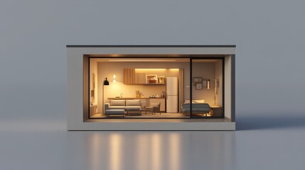 Isolated 3D rendering of a small, modern house on a gray background with the ability to remove the background (clipping path) and with lights turned on and furniture inside.
