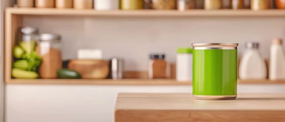 Vibrant green container on kitchen counter, surrounded by jars and ingredients, showcasing a modern culinary space.